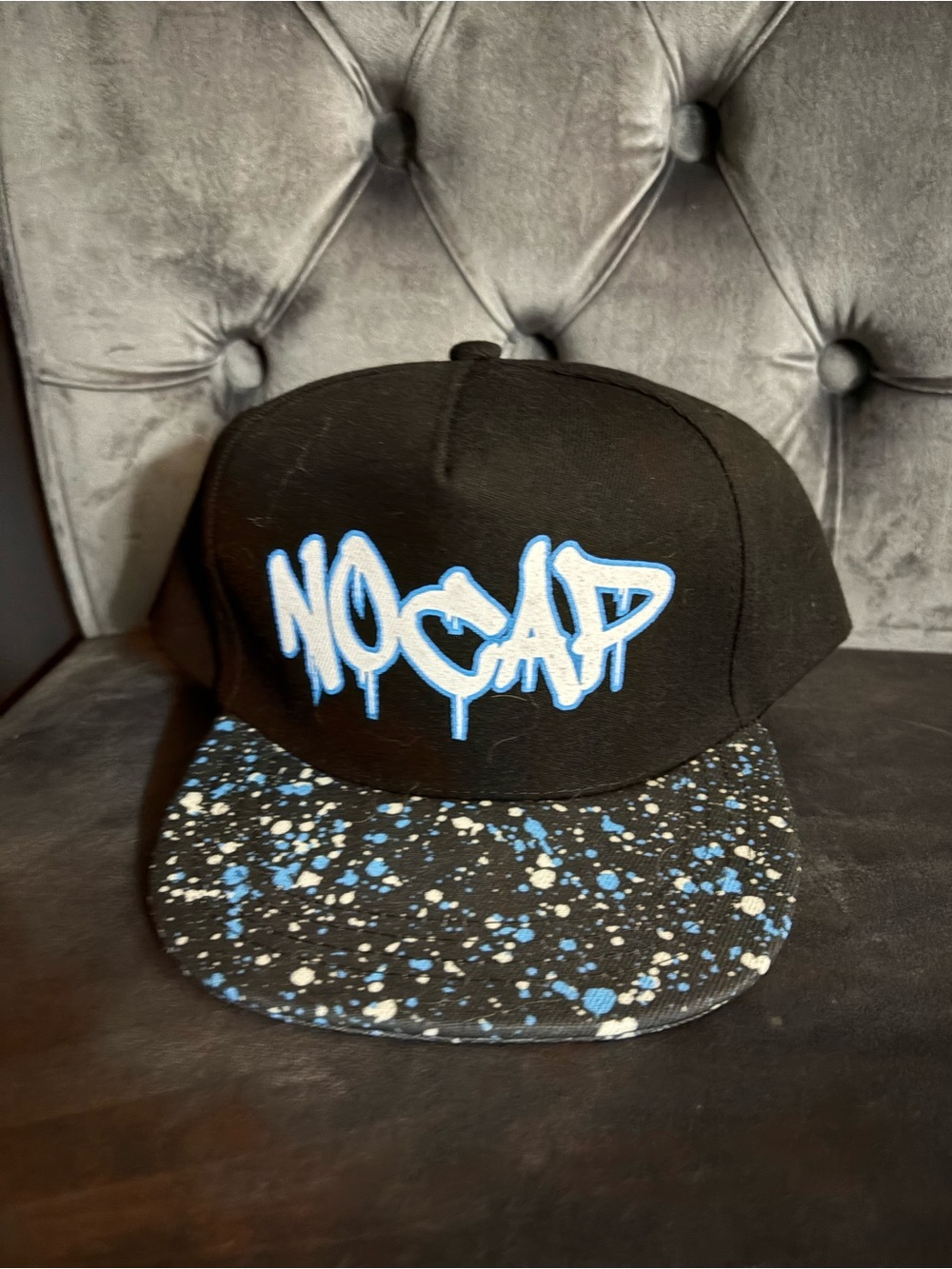NO CAP Black Snapback Hat with Blue Graffiti Logo & Splatter Brim